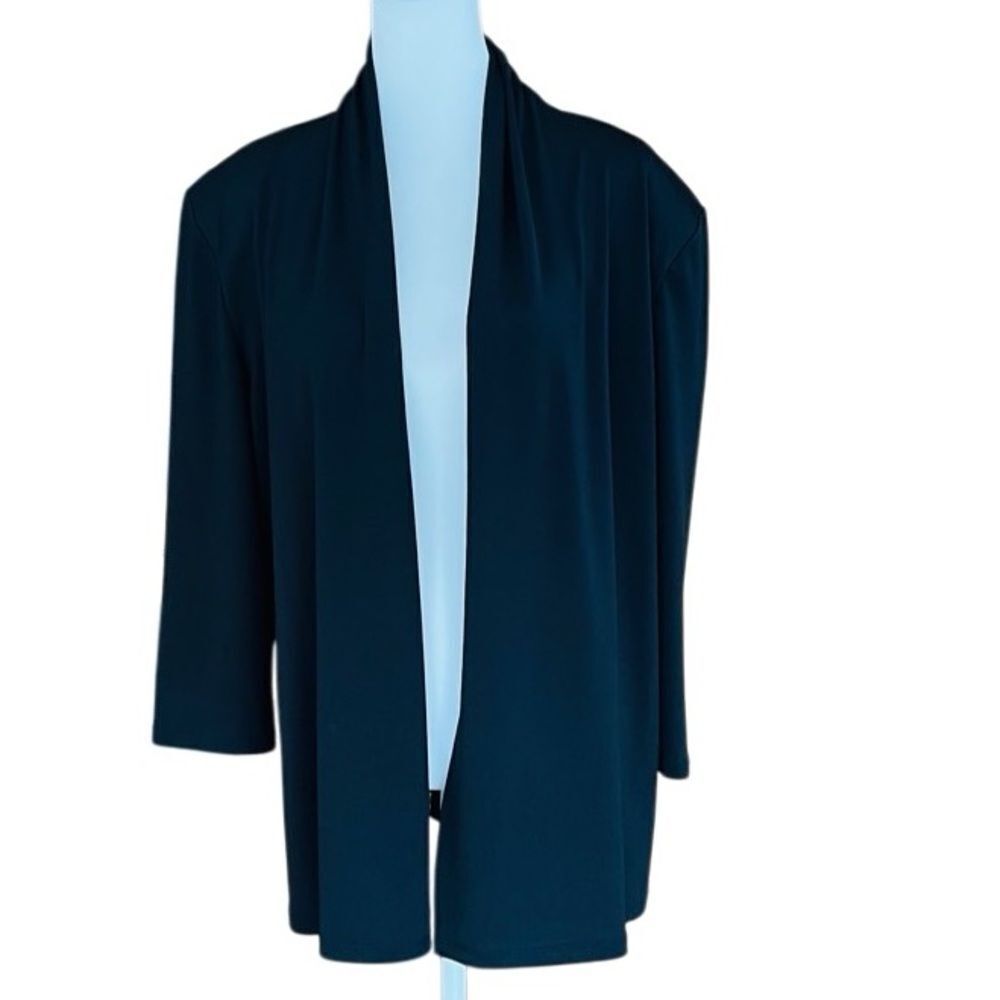 KASPER black open front jacket, 3/4 sleeves, polyester and elastane blend.